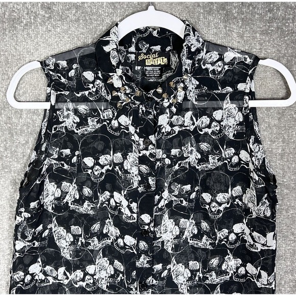 Social Misfits Sheer Skulls Studded Collar Button Up Top Womens Size Small Goth - Picture 5 of 11